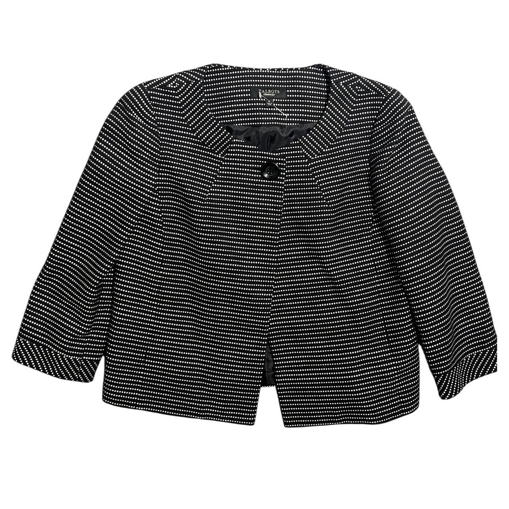 Talbots Women's Black & White Dotted Textured Crop Jacket Blazer Size 6 3/4